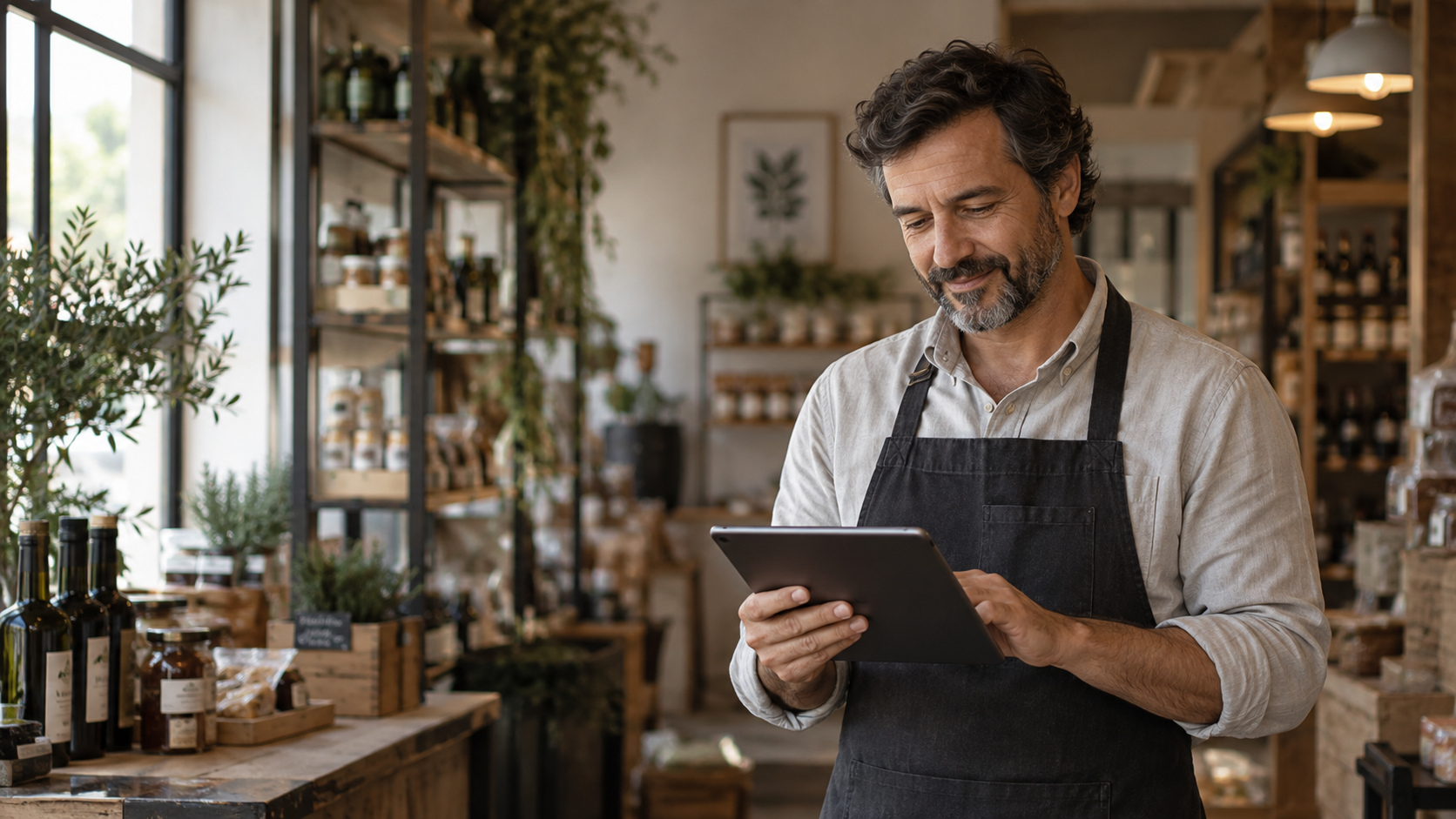 Comerciante usando um tablet em sua loja